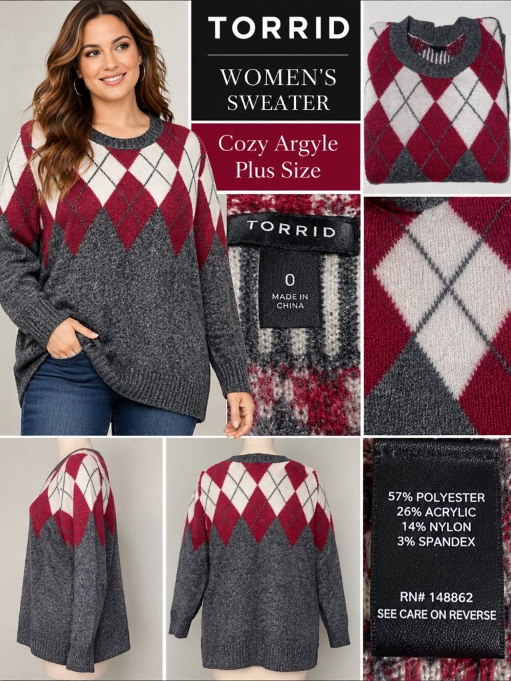 Torrid Argyle Sweater Women’s Size 0 Gray Burgundy Ivory Cozy Knit Pullover